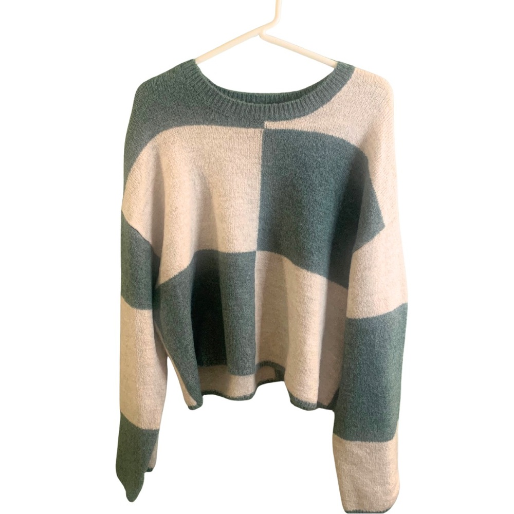 Z Supply Cream Green Colorblock Crop Crewneck Sweater Top XL Beige Twee Retro - Picture 2 of 9